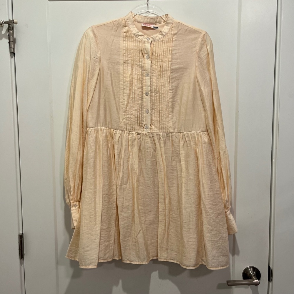 Showpo Peach Pintuck Pleated Babydoll Mini Dress Long Sleeve Size US 4